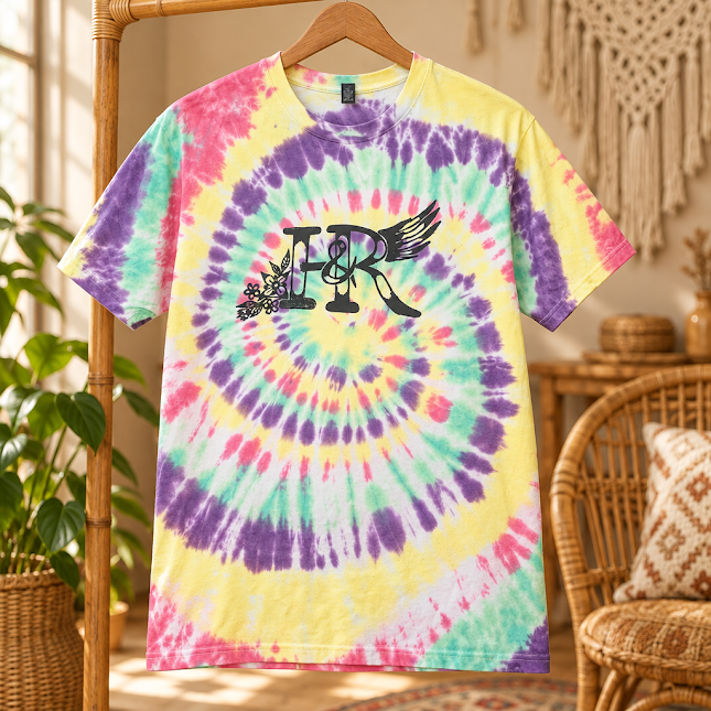 Hippies & Ravins logo tee with a pastel spiral tie-dye design hanging on a wooden rack.