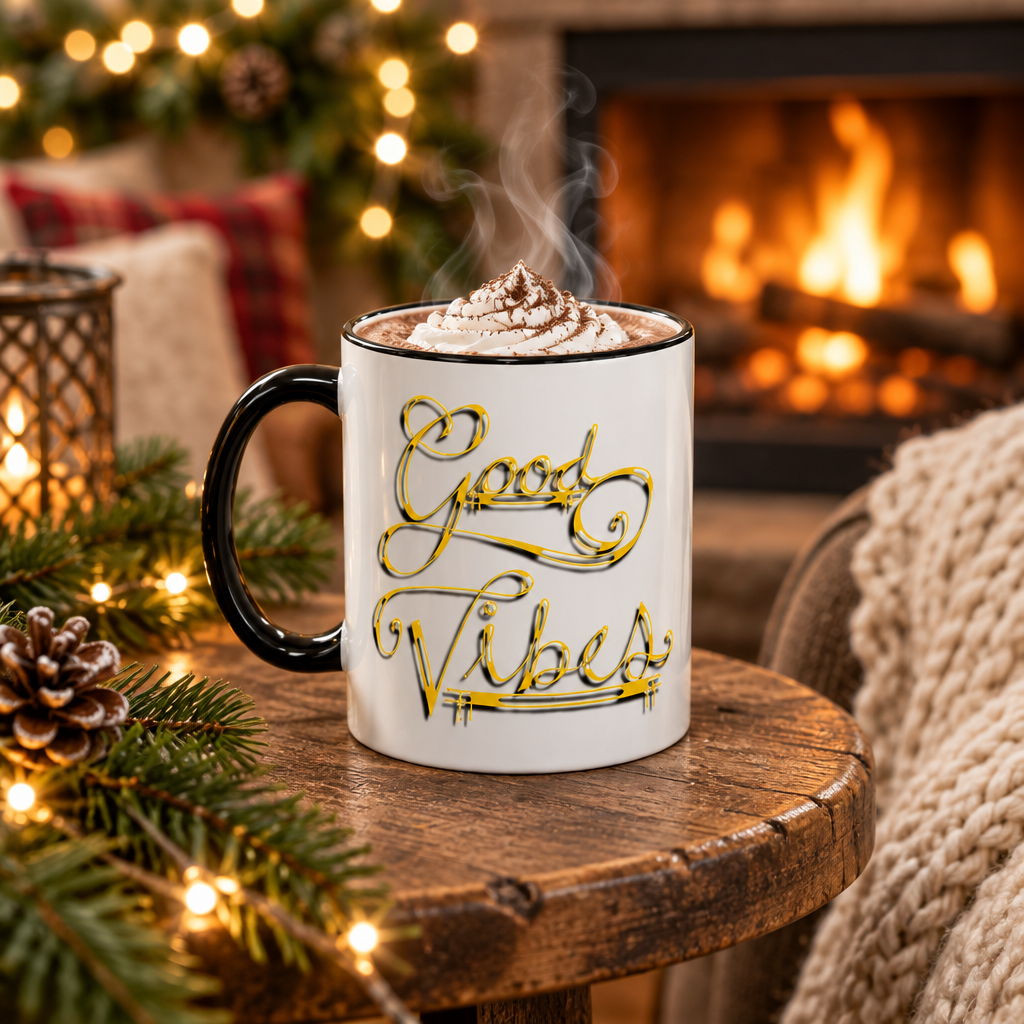 Good Vibes mug beside a cozy fireplace
