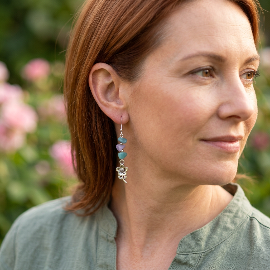 Auburn-haired model wearing aquamarine and lilac flower earrings