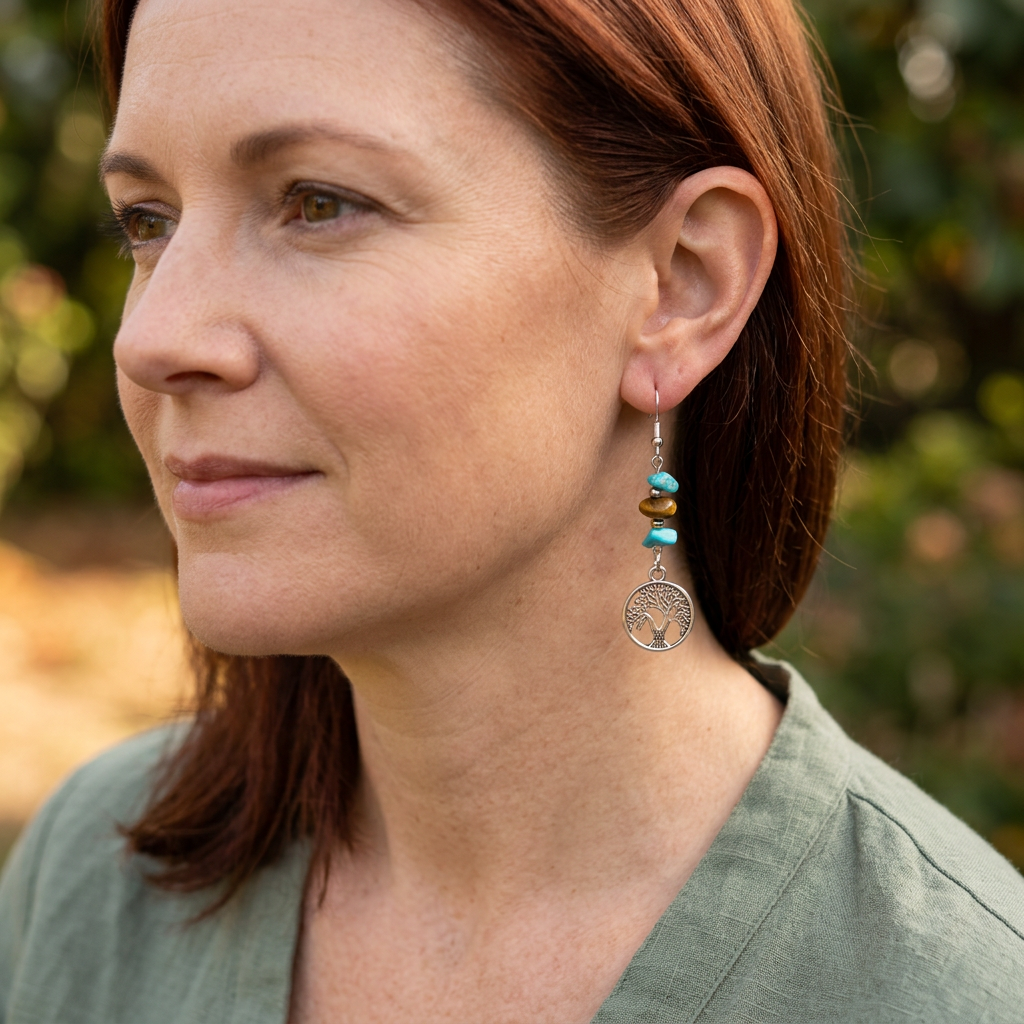 Auburn-haired model wearing Earth and Water earrings