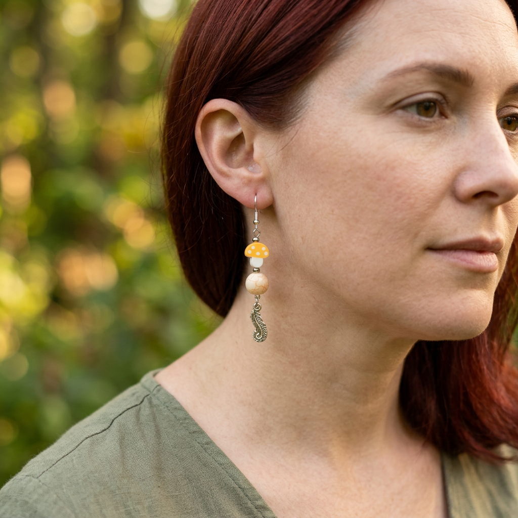 Auburn-haired model wearing Earthy Shroom and Feather earrings