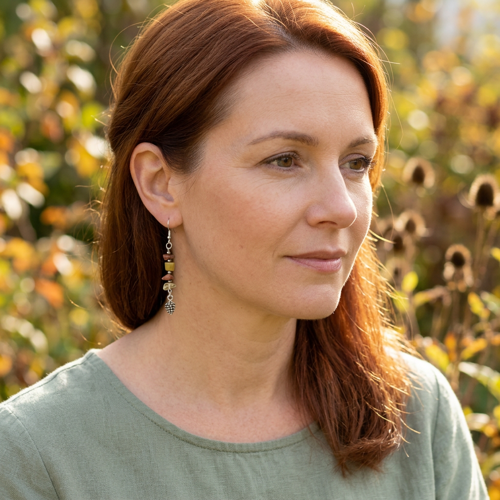 Auburn-haired model wearing Fall Pinecone earrings
