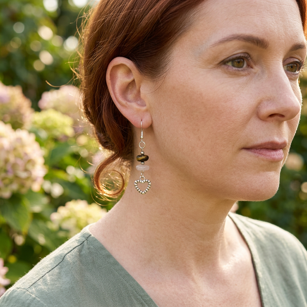 Auburn-haired model wearing heart earrings