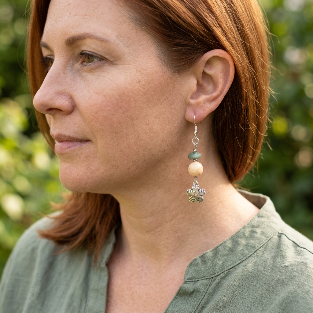 Auburn-haired model wearing Moss and Stone Blossom earrings