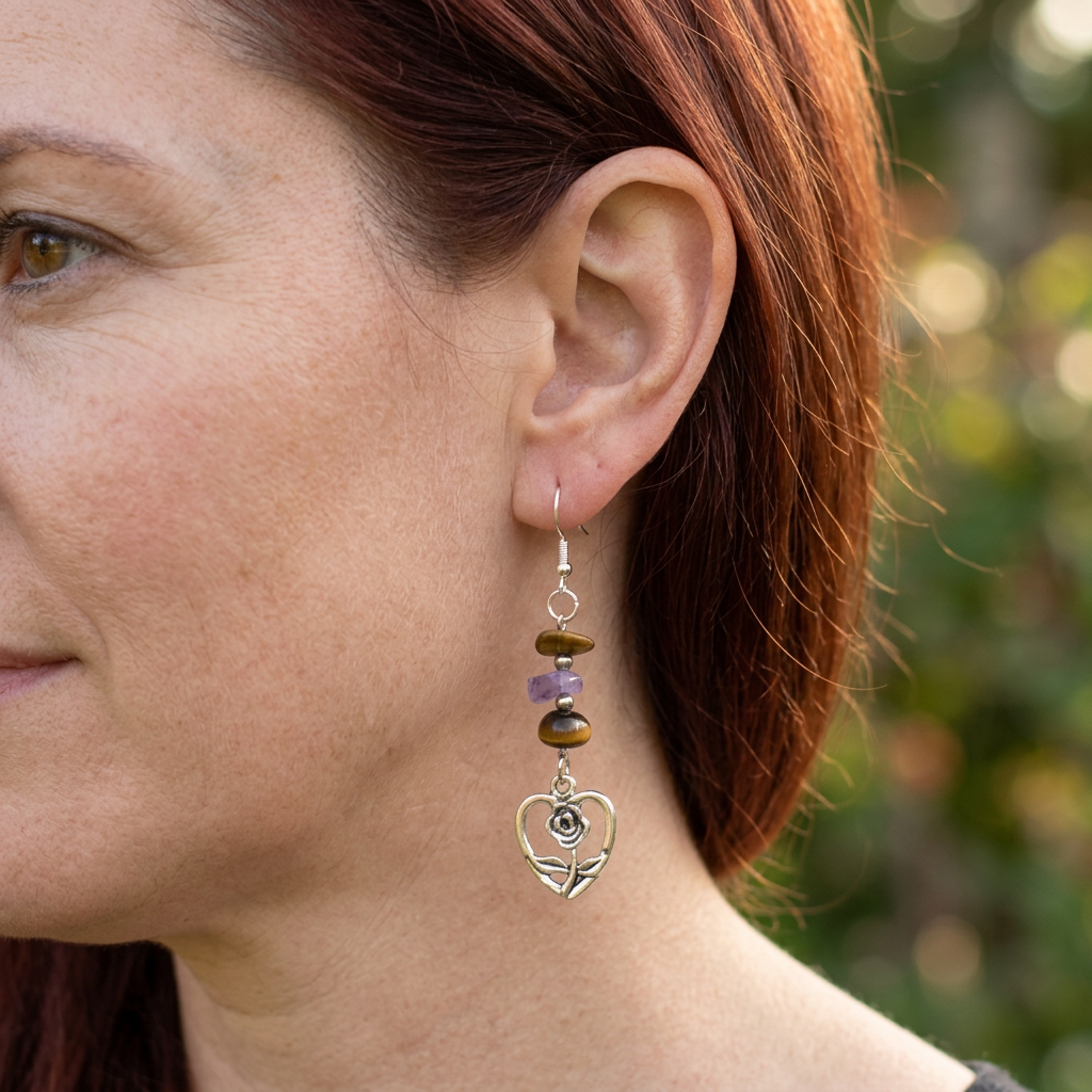 Auburn-haired model wearing Rose Heart earrings