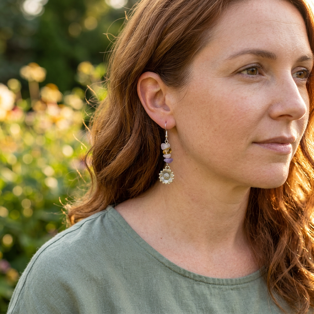 Auburn-haired model wearing sunflower earrings