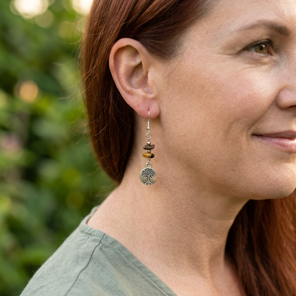 Auburn-haired model wearing Tree of Life earrings