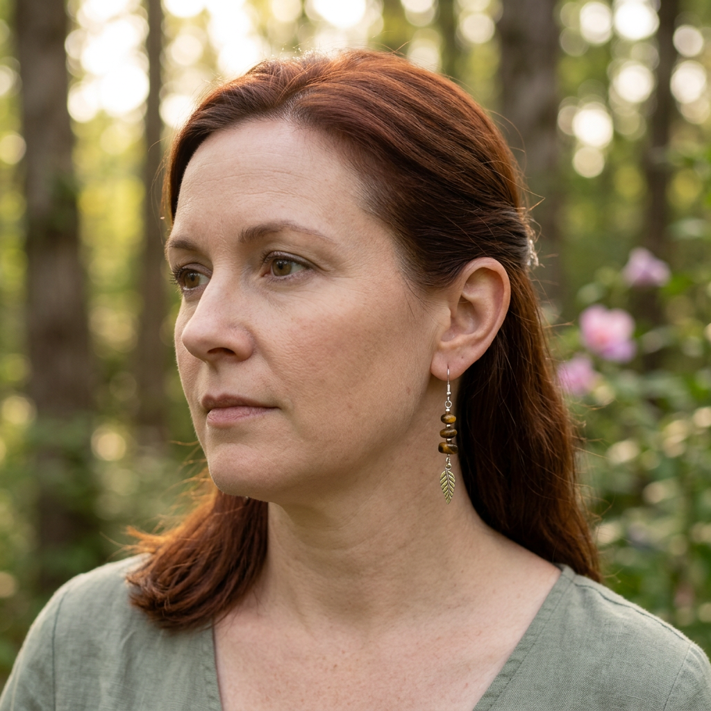 Auburn-haired model wearing Woodland Feathers earrings