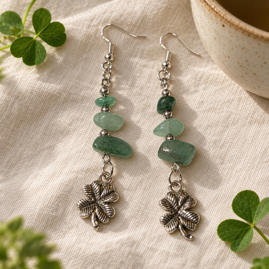 Aventurine clover earrings on linen