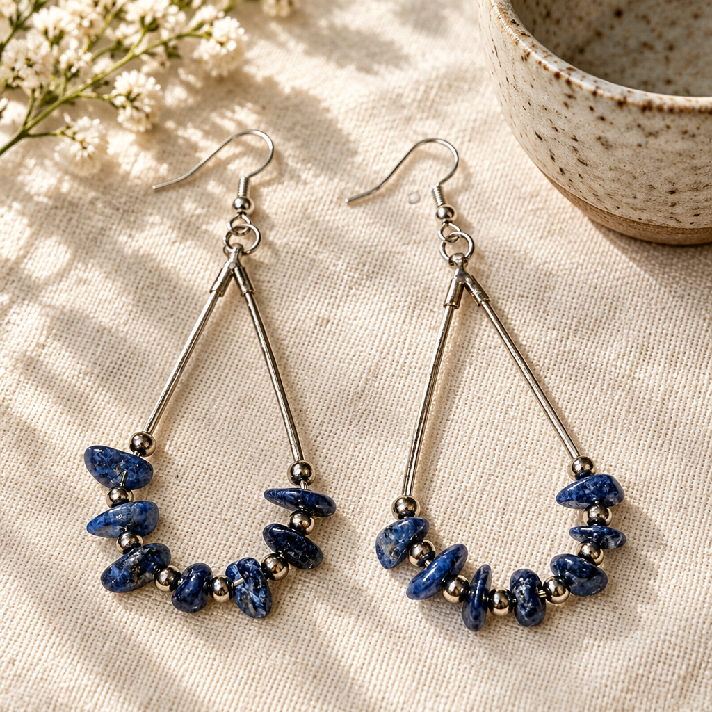 Blue earrings on ivory linen
