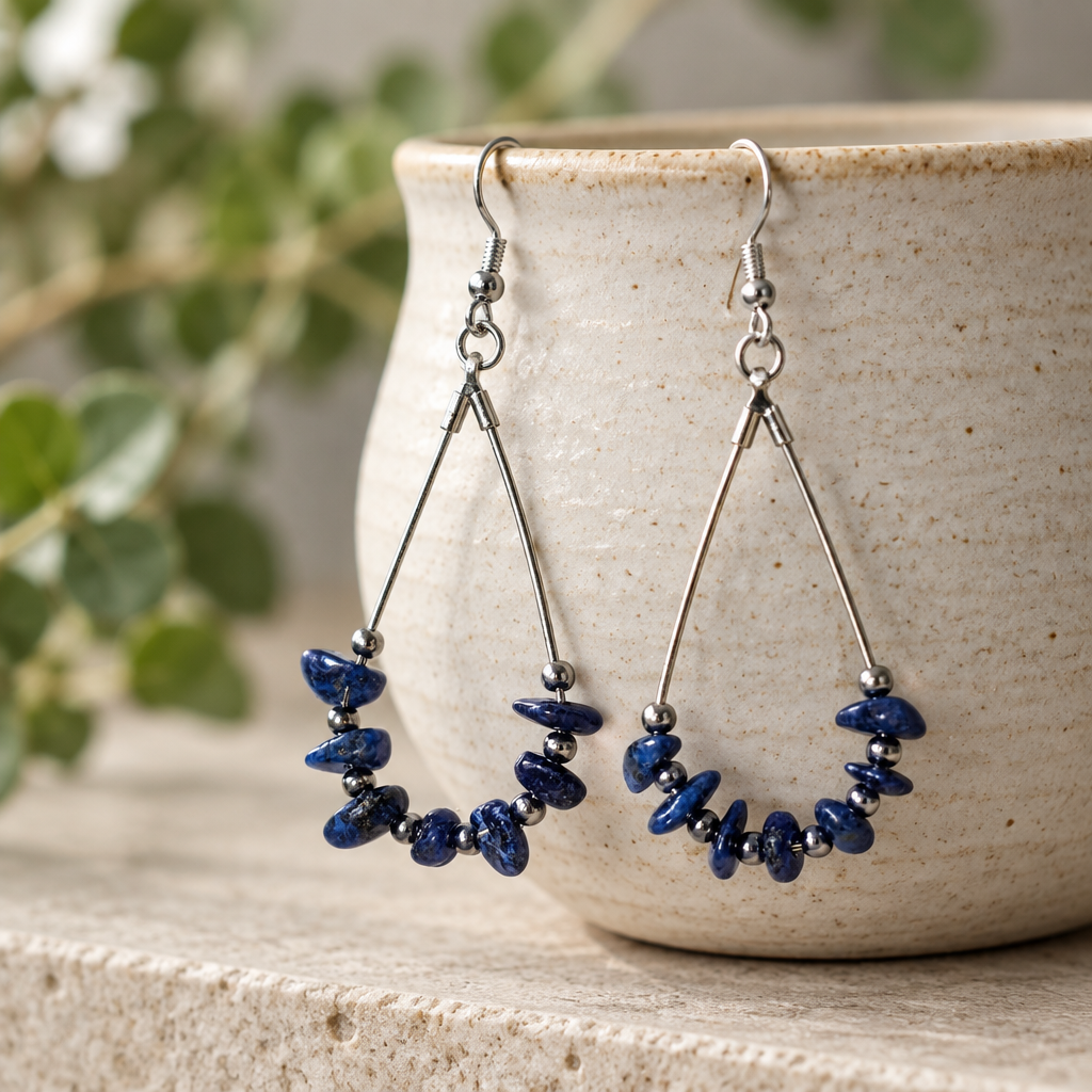 Blue earrings with ceramic and greenery
