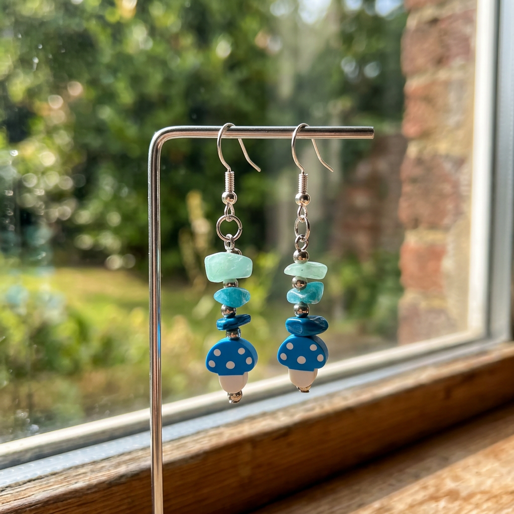 Blue Mushroom earrings hanging on a jewelry stand