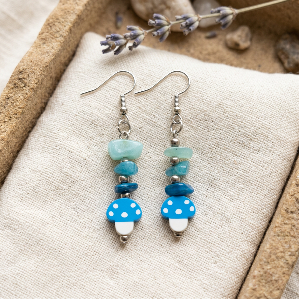 Blue Mushroom earrings on ivory linen and sandstone