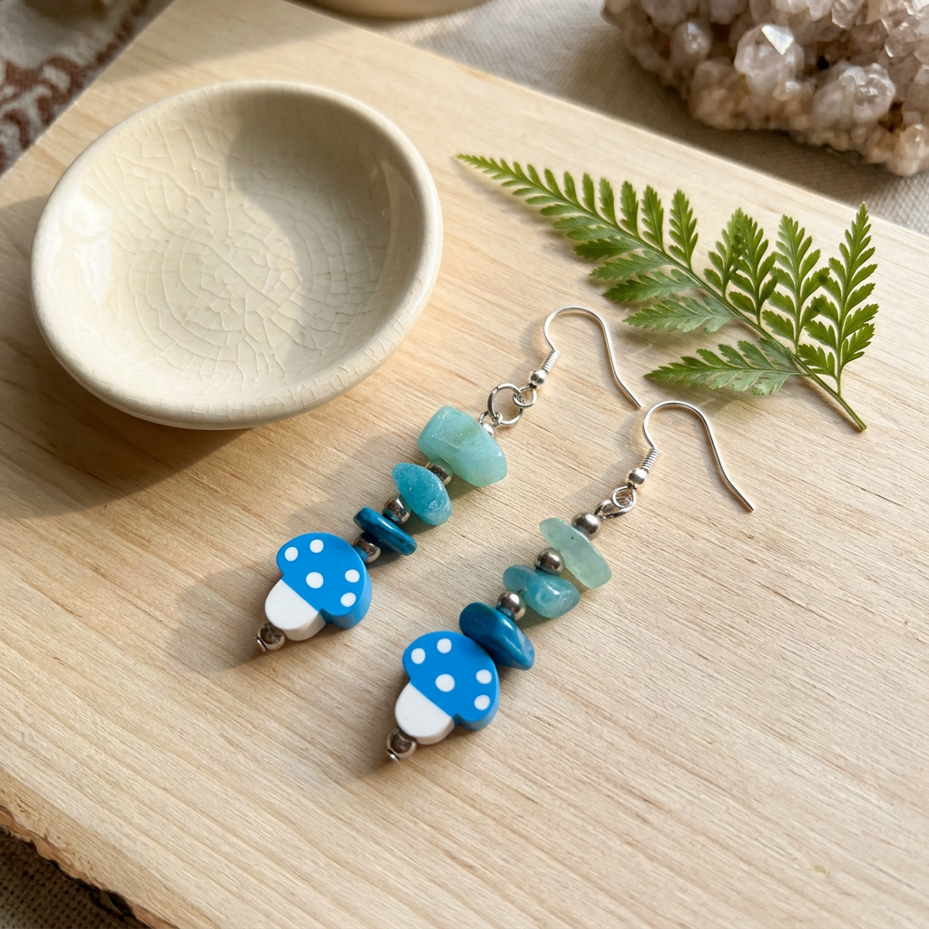 Blue Mushroom earrings styled on natural wood