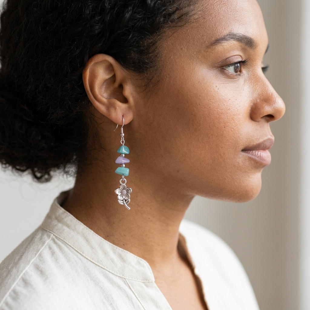 Curly-haired model wearing aquamarine and lilac flower earrings