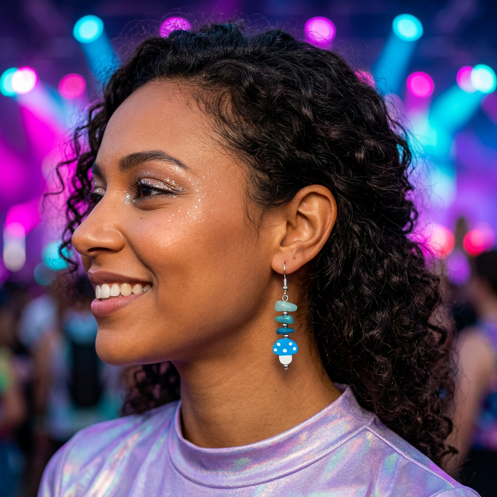 Curly-haired model wearing Blue Mushroom earrings with colorful festival lighting