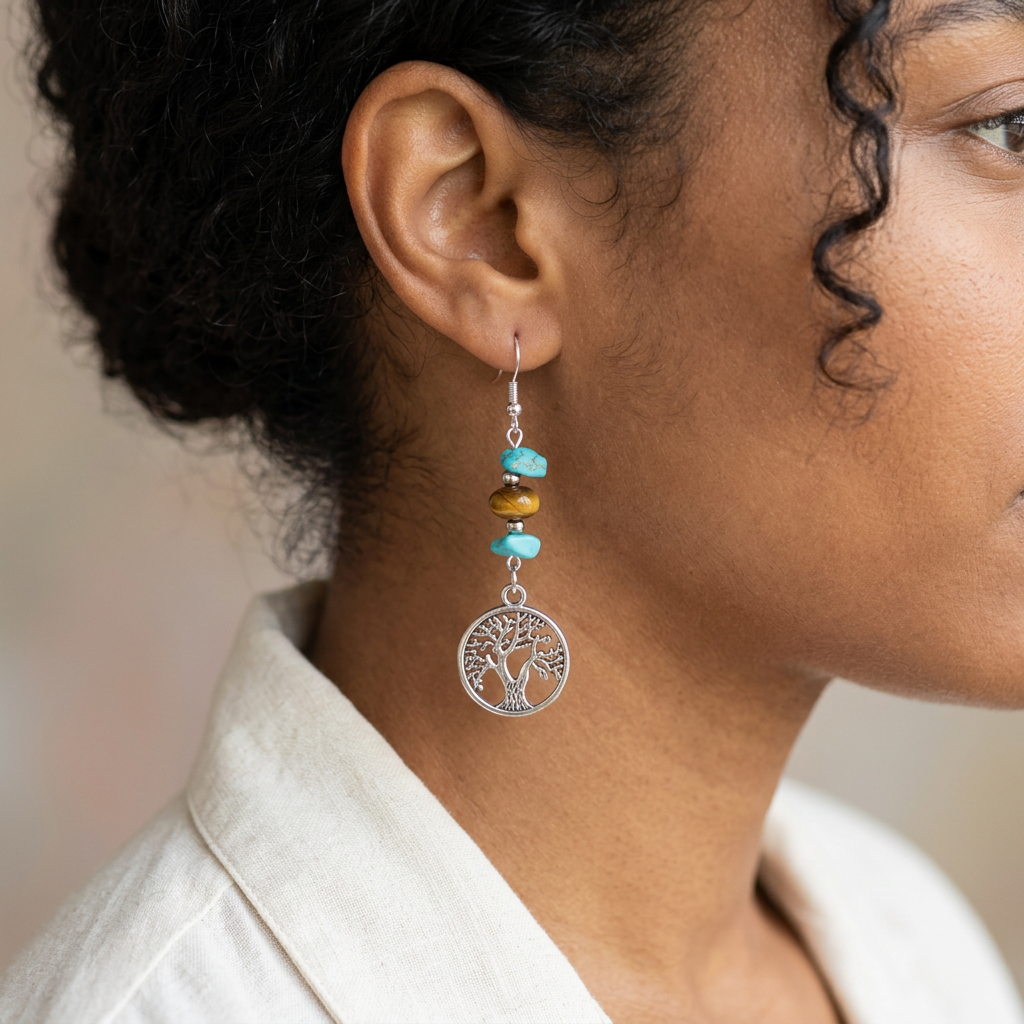 Curly-haired model wearing Earth and Water earrings
