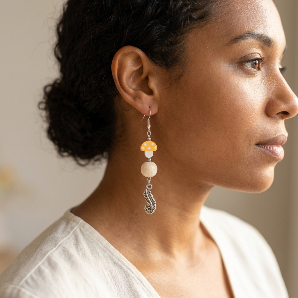 Curly-haired model wearing Earthy Shroom and Feather earrings