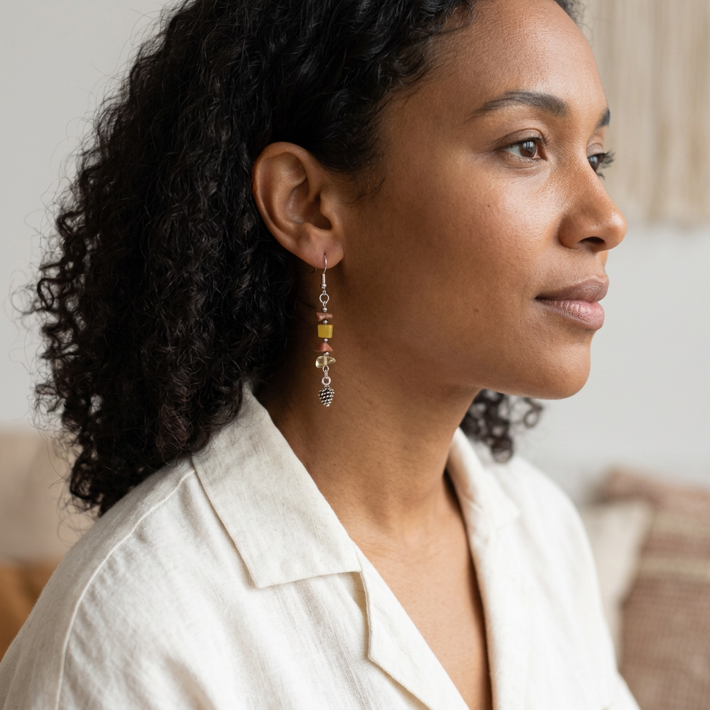 Curly-haired model wearing Fall Pinecone earrings