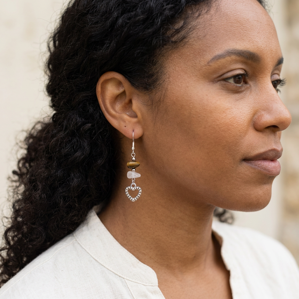 Curly-haired model wearing heart earrings