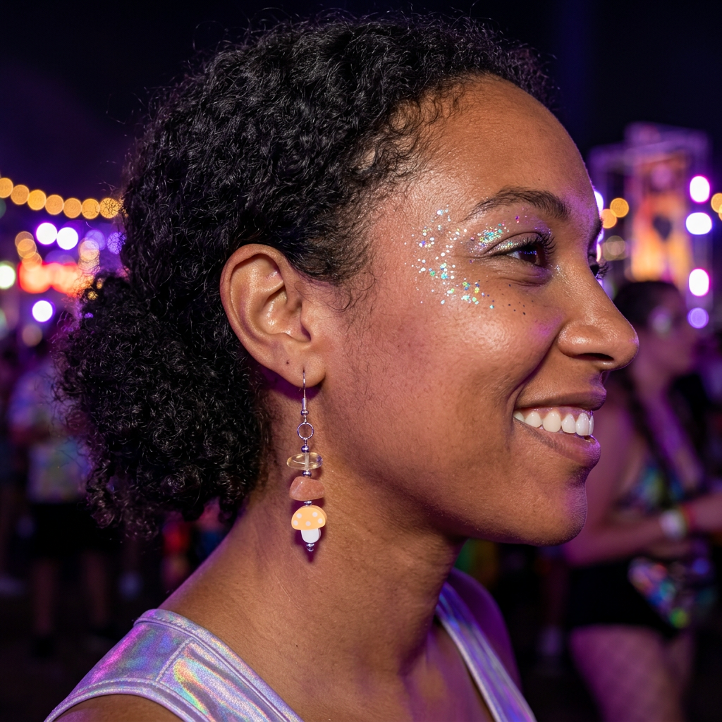 Curly-haired model wearing Magical Journey earrings