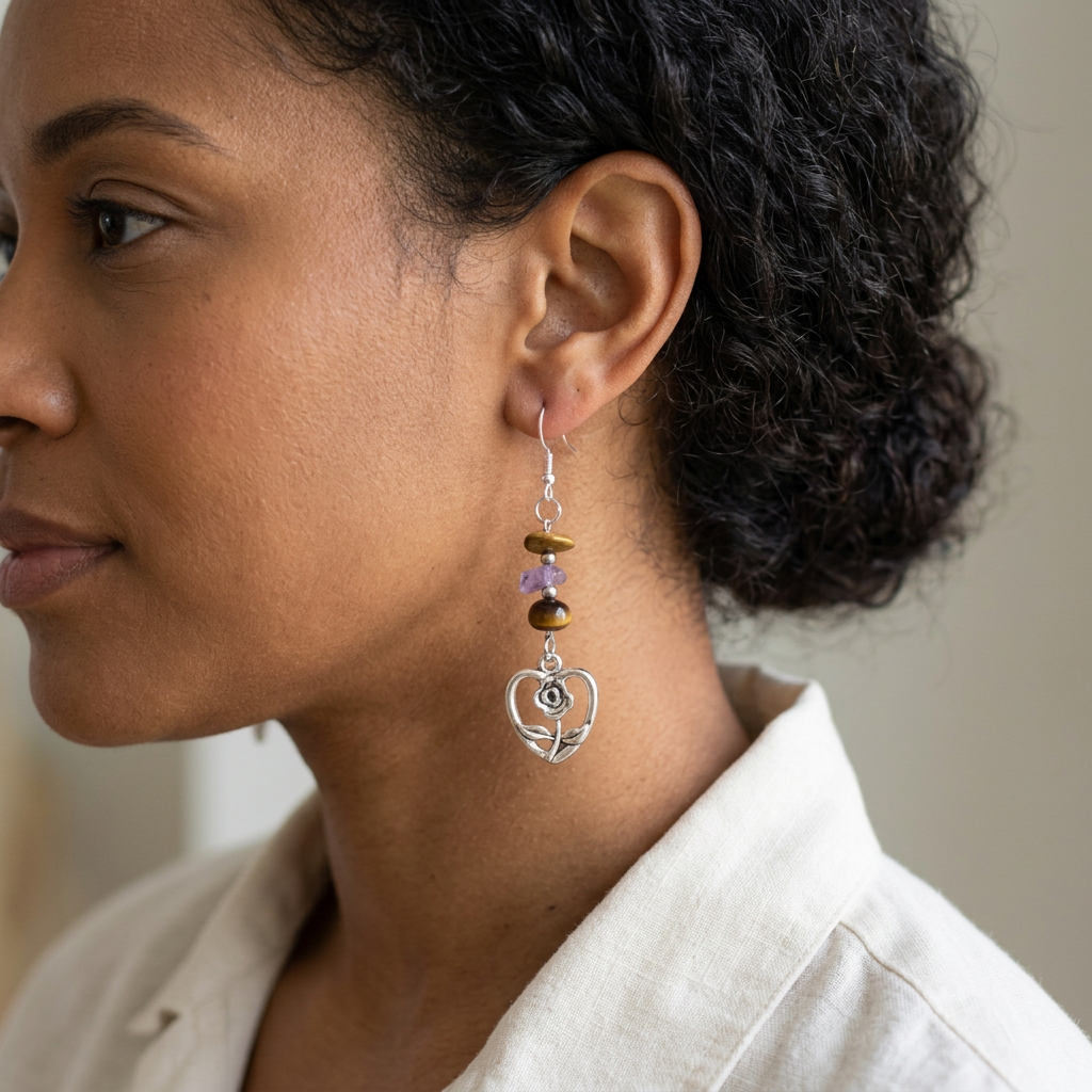Curly-haired model wearing Rose Heart earrings