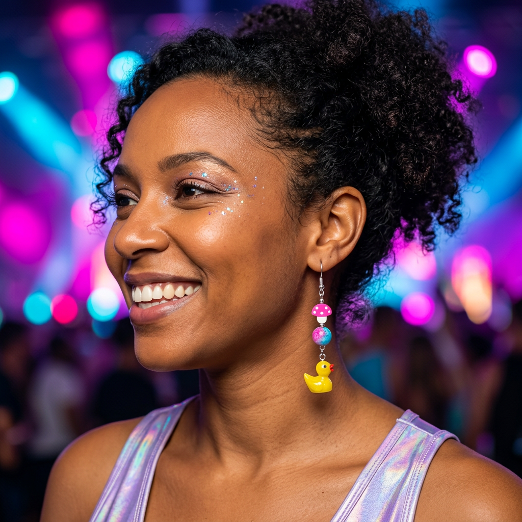 Curly-haired model wearing Rubber Duckies earrings with rave lighting