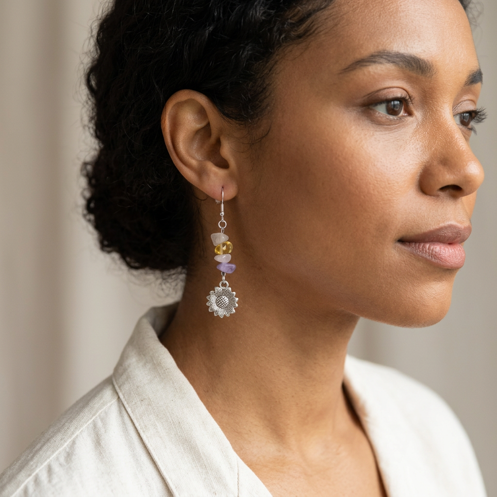 Curly-haired model wearing sunflower earrings