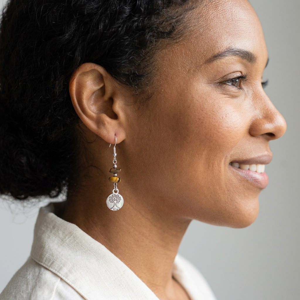 Curly-haired model wearing Tree of Life earrings