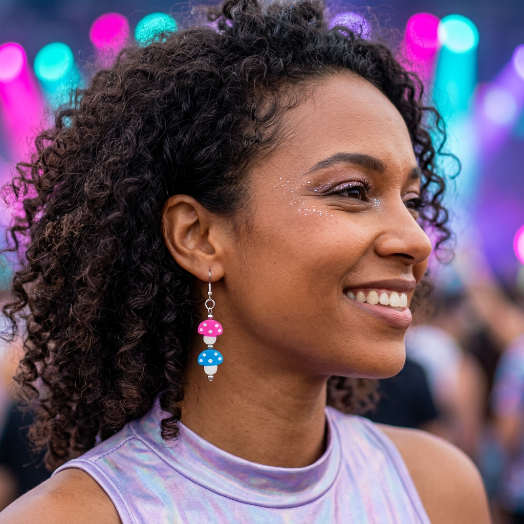 Curly-haired model wearing Twin Mushroom earrings with colorful rave lighting