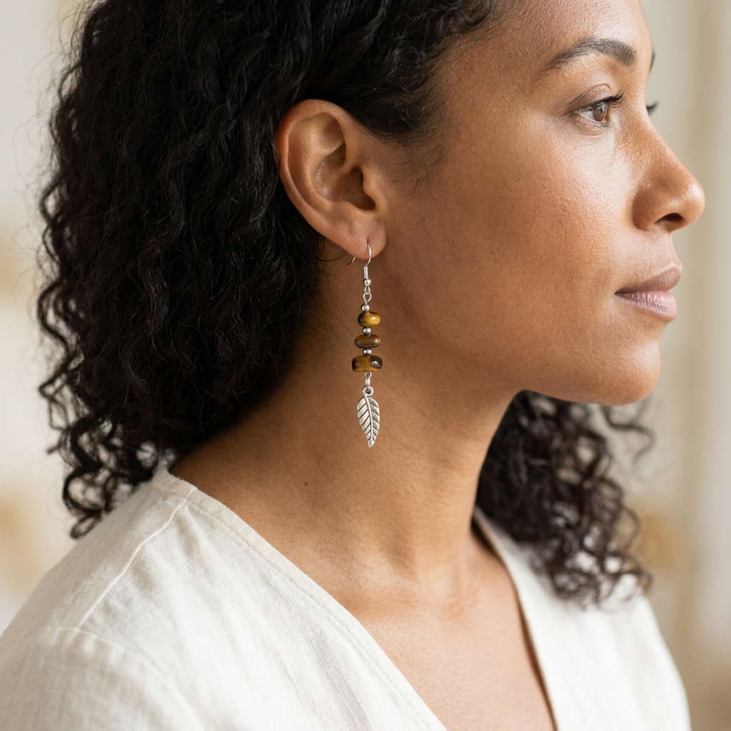 Curly-haired model wearing Woodland Feathers earrings
