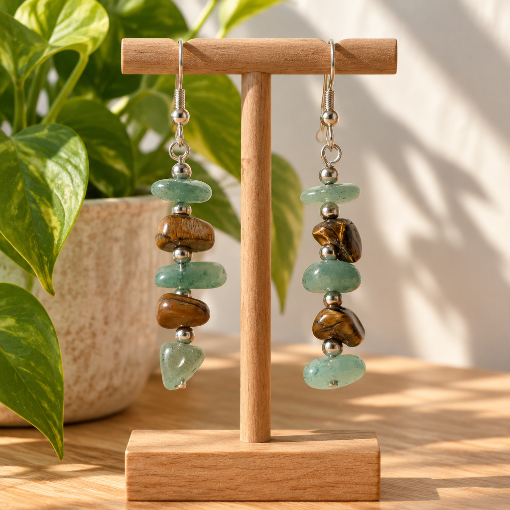 Earrings hanging on a jewelry stand
