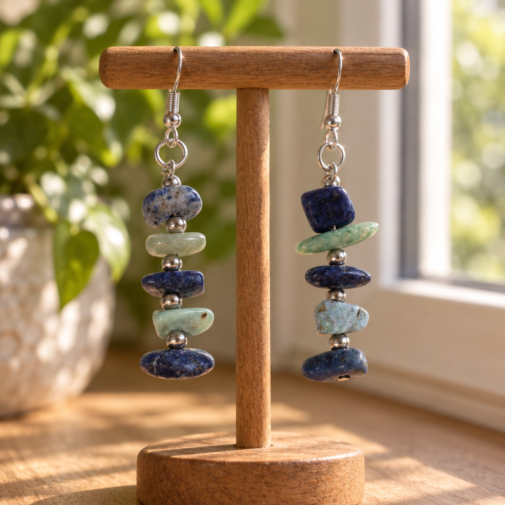 Earrings hanging on a jewelry stand
