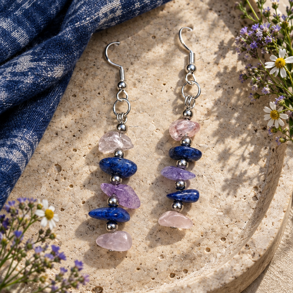 Earrings on a stone tray beside an indigo scarf