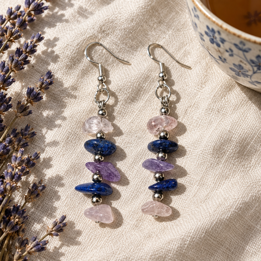 Earrings on ivory linen beside lavender