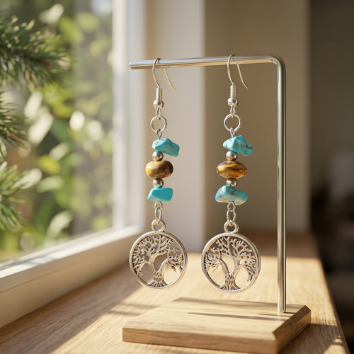 Earth and Water earrings hanging on a jewelry stand