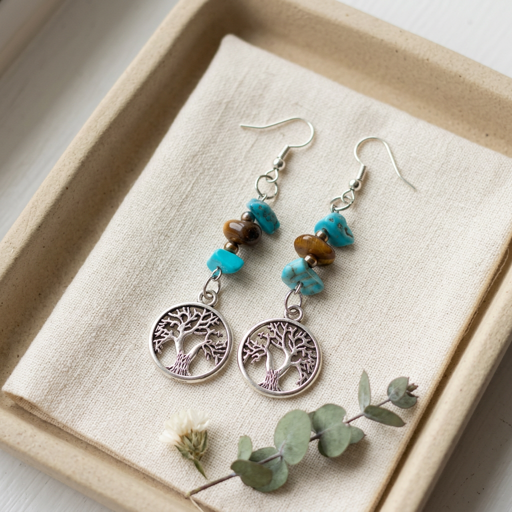 Earth and Water earrings on ivory linen and sandstone