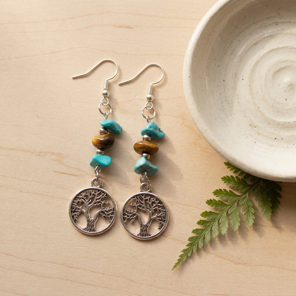 Earth and Water earrings styled on natural wood