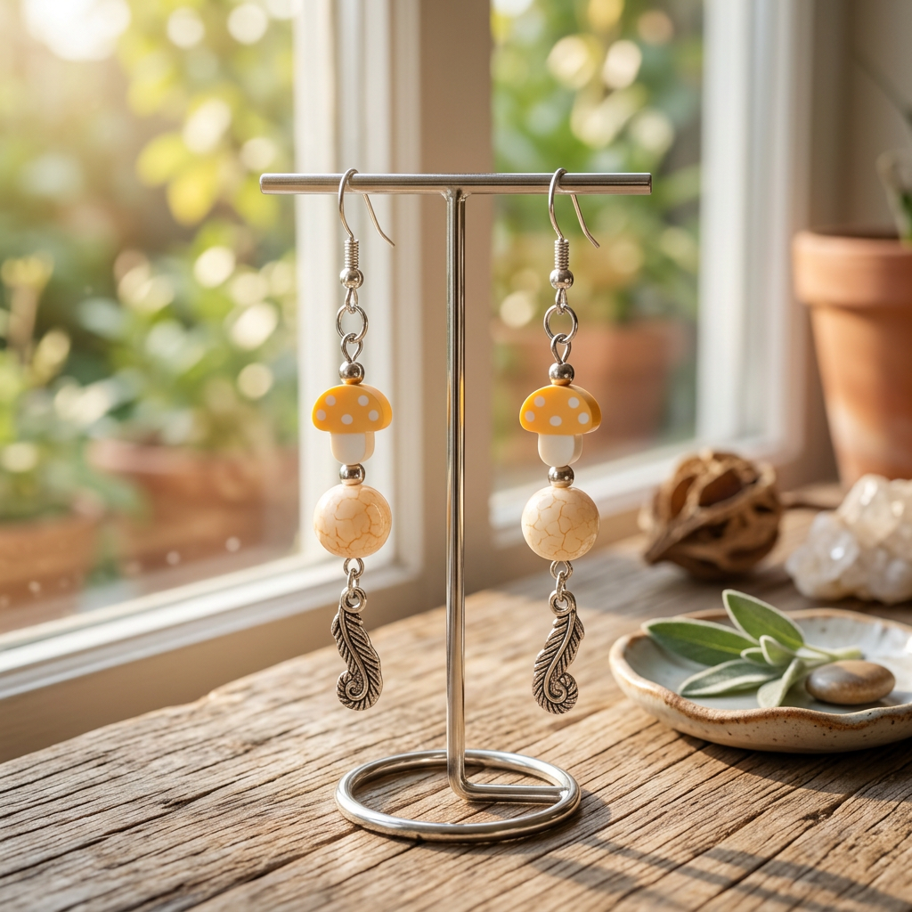 Earthy Shroom and Feather earrings hanging on a jewelry stand