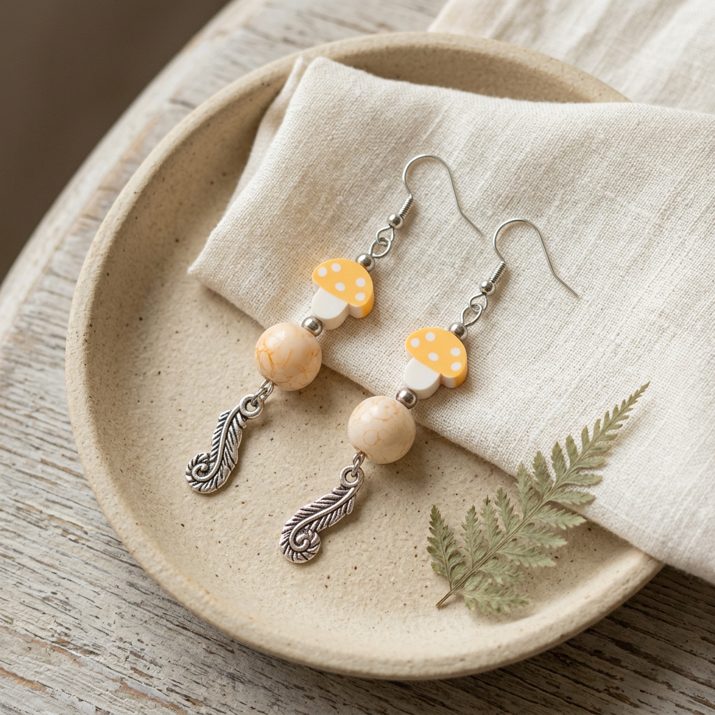 Earthy Shroom and Feather earrings on ivory linen