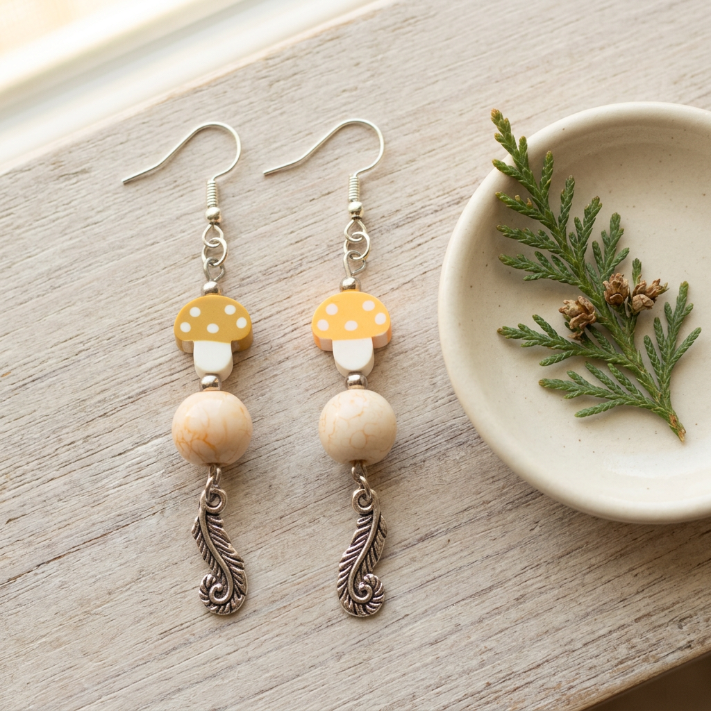 Earthy Shroom and Feather earrings styled on natural wood