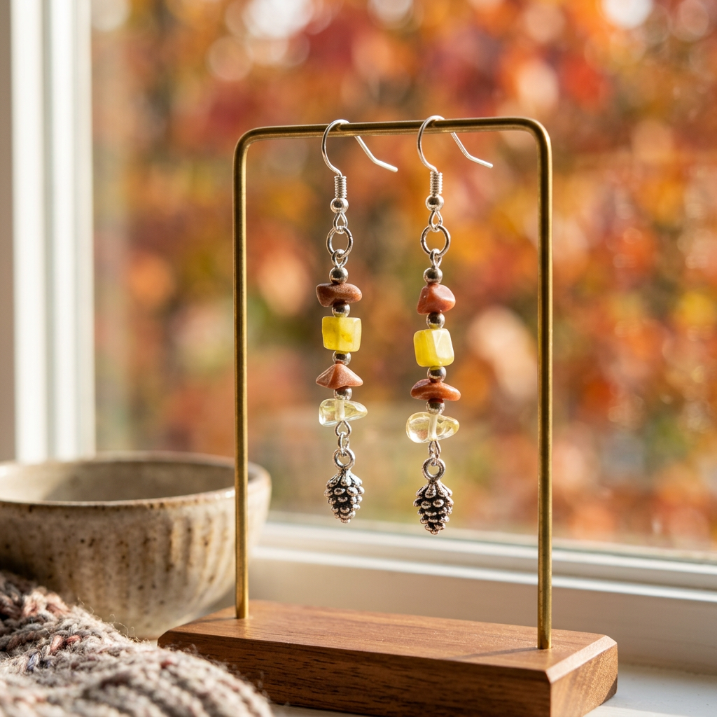 Fall Pinecone earrings on a jewelry stand