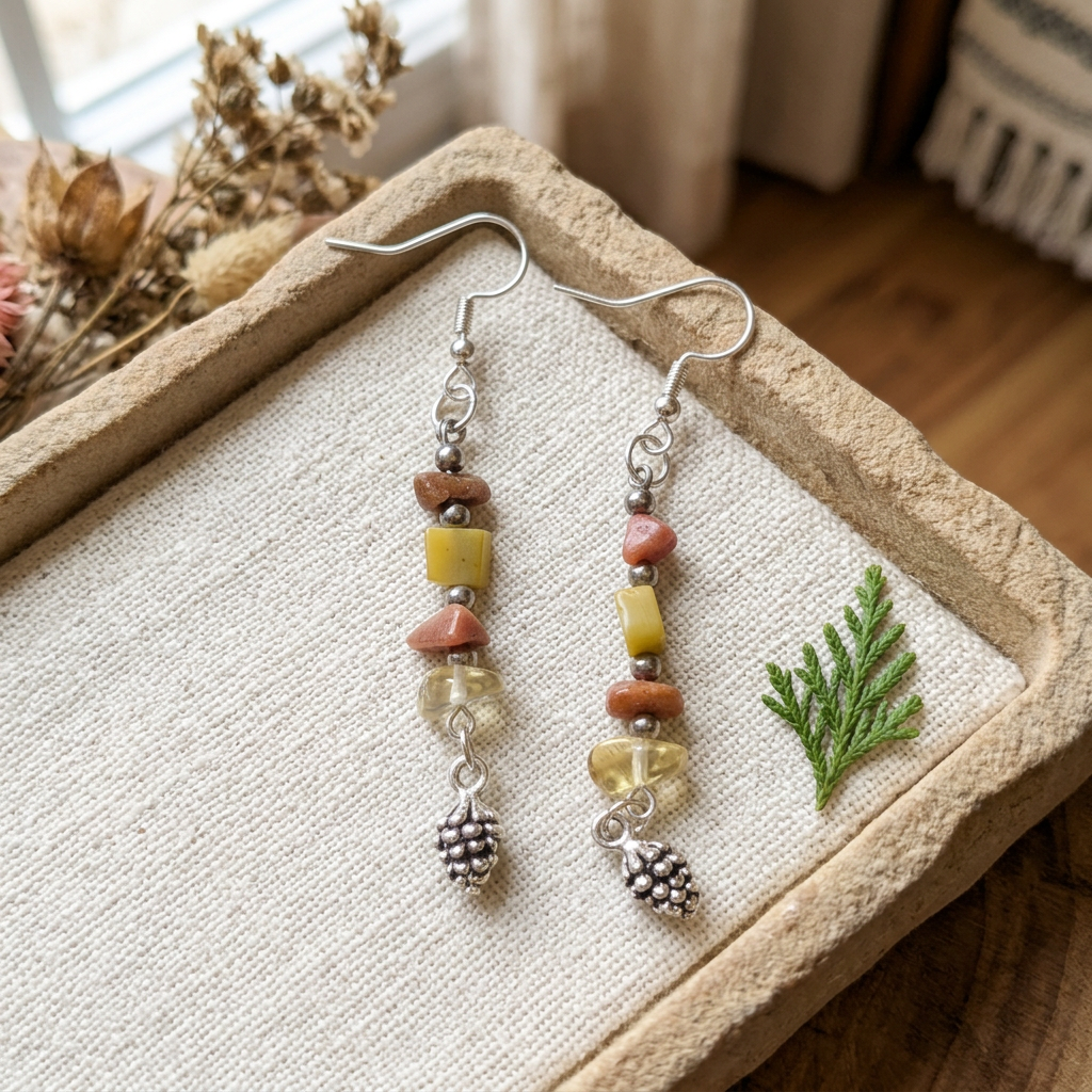 Fall Pinecone earrings on linen and sandstone