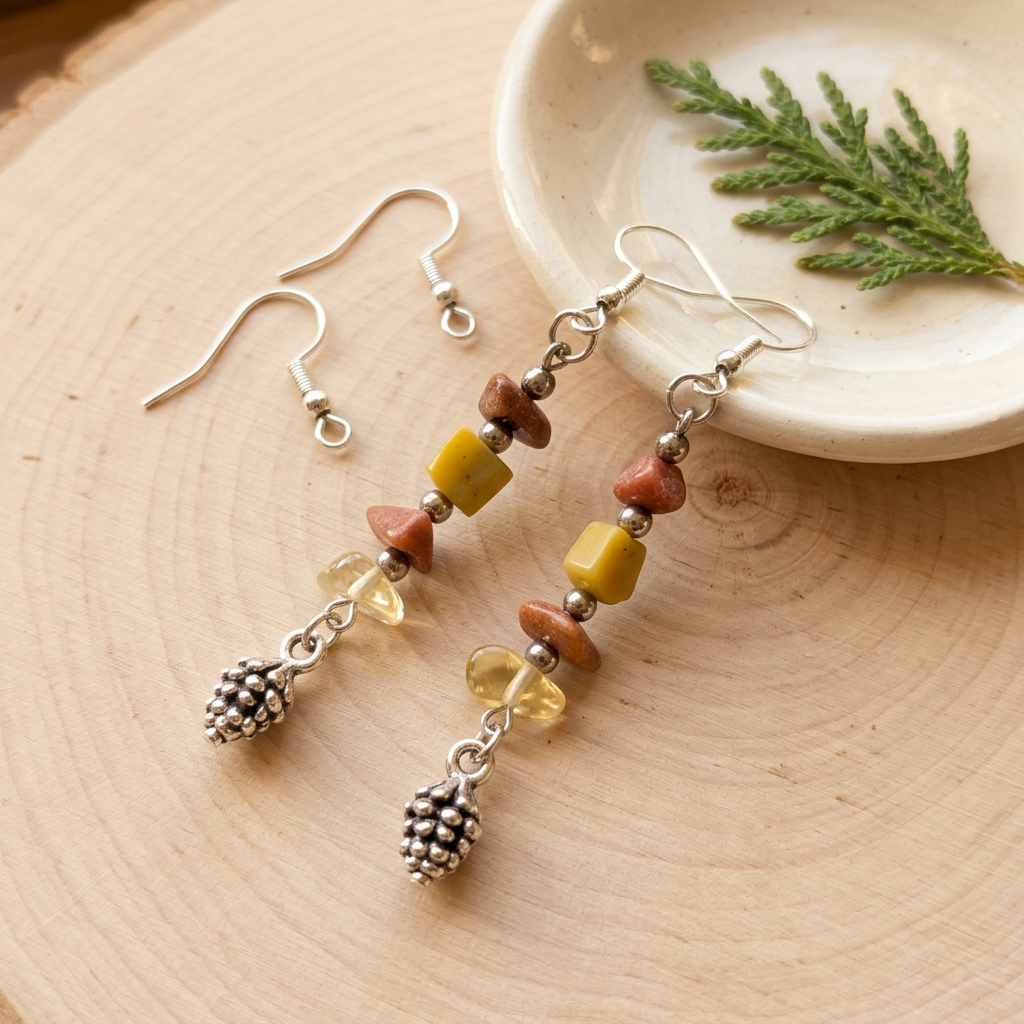 Fall Pinecone earrings styled on wood with cedar