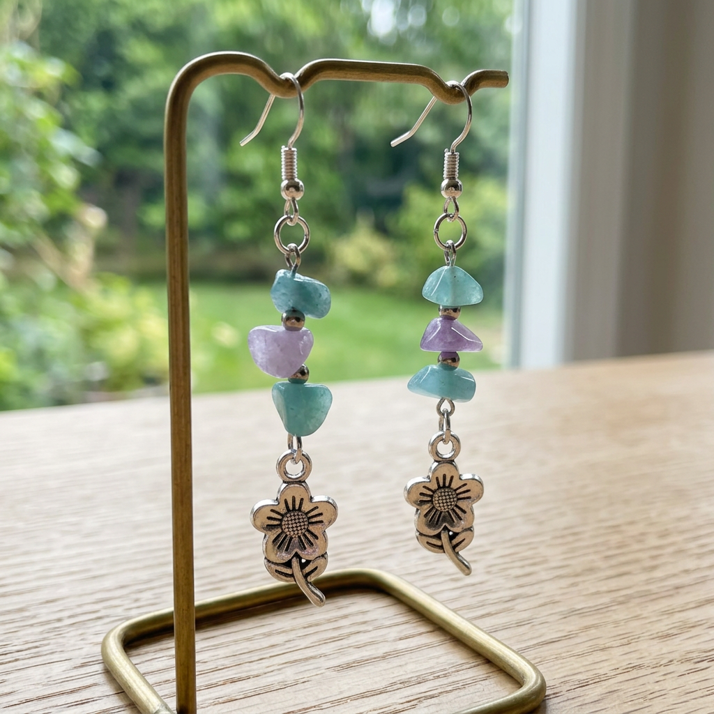 Flower earrings hanging on a jewelry stand