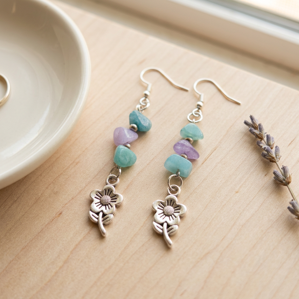 Flower earrings styled on natural wood
