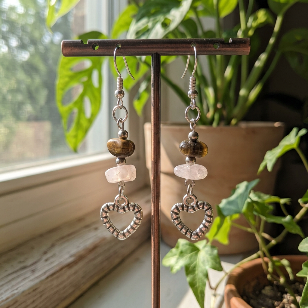 Heart earrings hanging on a sunlit stand