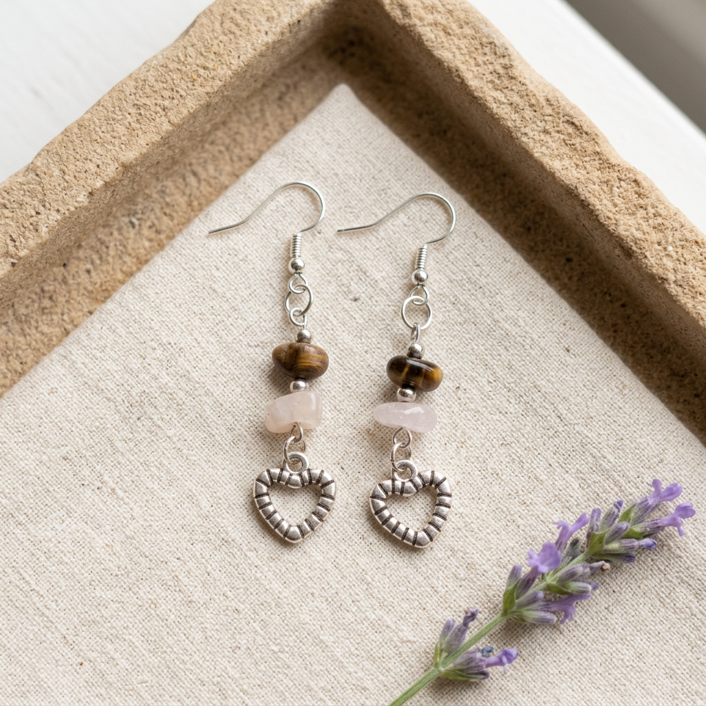 Heart earrings on ivory linen and sandstone
