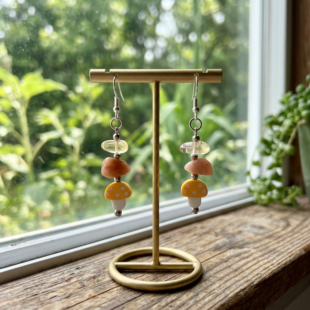 Magical Journey earrings hanging on a jewelry stand