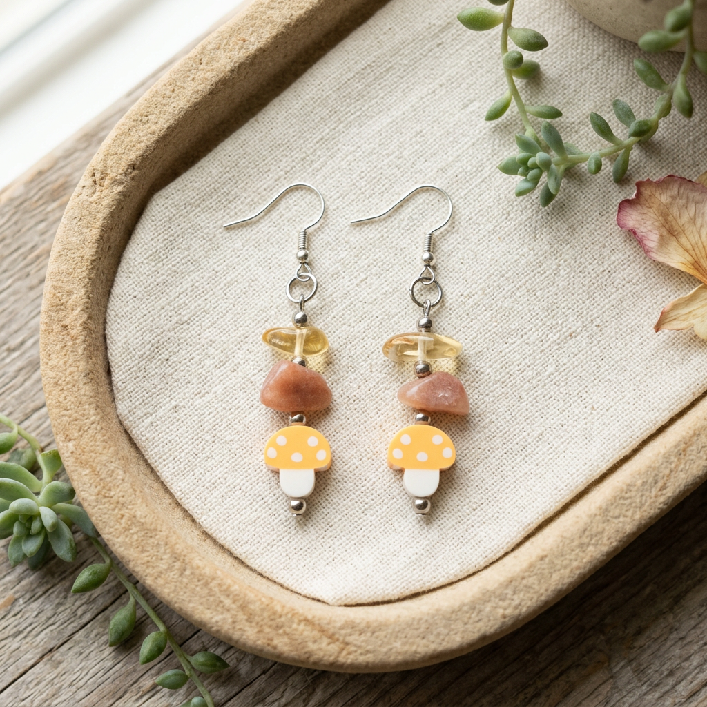 Magical Journey earrings on ivory linen and sandstone